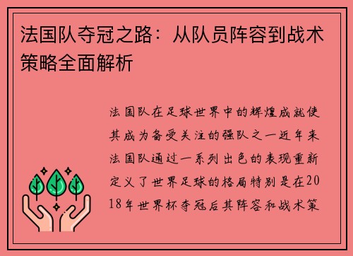 法国队夺冠之路：从队员阵容到战术策略全面解析