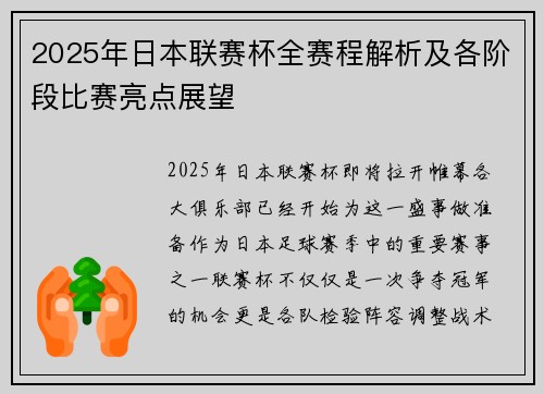 2025年日本联赛杯全赛程解析及各阶段比赛亮点展望