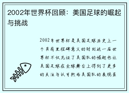 2002年世界杯回顾：美国足球的崛起与挑战